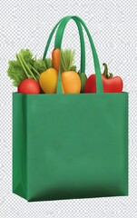 Wall Mural - A green reusable shopping bag full of fresh vegetables including a bell pepper, carrot, tomato, yellow pepper, and leafy greens.