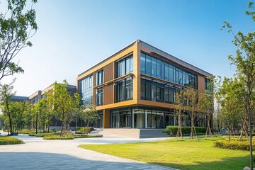 Modern office building with landscaped grounds.