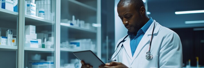 Fototapete - A doctor in a white coat reviews information on a tablet while standing in a pharmacy, ensuring medications are organized and available. Generative AI