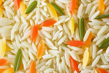 Close-up shot of white rice with colorful pasta shapes.