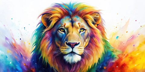 Vibrant abstract animal wall art featuring a colorful watercolor lion on a white background, lion, watercolor, colorful, abstract