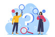© Rudzhan - People finding answers. Man and woman with magnifying glass looking for answers to questions. Decision making and choice. Doubt and dilemma. Flat vector illustration isolated on white background