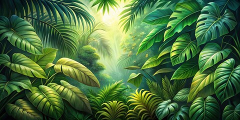 Wall Mural - Detailed painting of lush green tropical leaves in a vibrant jungle environment, tropical, leaves, green, lush, painting