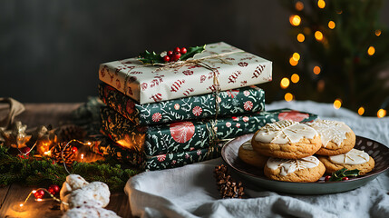 Sticker - A stack of gift boxes wrapped in holiday-themed paper next to a platter of freshly baked Christmas cookies and twinkling fairy lights 