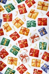 Wall Mural - A vibrant array of colorful presents scattered against a pristine white background, evoking the joy and excitement of gift-giving celebrations.