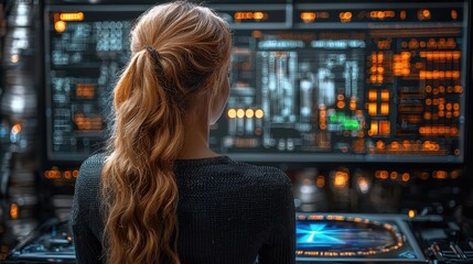 Woman with long hair working on futuristic control panel with glowing screens displaying complex data and information in a high-tech environment