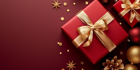 Wall Mural - A vibrant red gift box adorned with a shimmering gold bow, radiating festive charm and inviting joy, perfect for special celebrations.