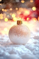 Wall Mural - A delicate white ornament with a shimmering gold top rests elegantly in a blanket of pristine snow, evoking a magical winter wonderland.
