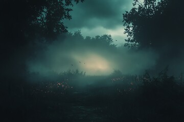 Wall Mural - a mysterious forest path winds through dense fog towards a faint light in the distance. the path is 