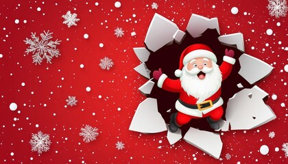 Poster - Santa Claus peeks through a snowy hole, embodying festive curiosity and joy, surrounded by a glistening winter wonderland.