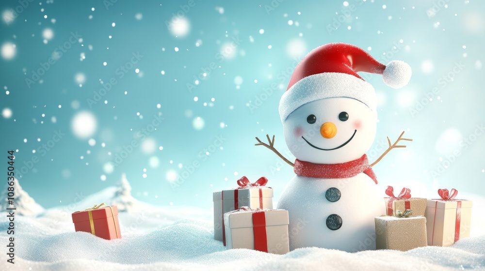 A cheerful snowman adorned with a festive Santa hat stands proudly amidst a blanket of snow, surrounded by colorful presents, evoking holiday joy.