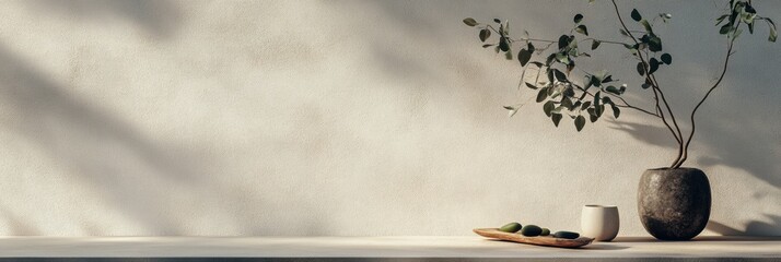 Fototapete - A vase with leaves, a small cup, and a bowl of fruit are arranged on a wooden surface bathed in gentle light. Generative AI