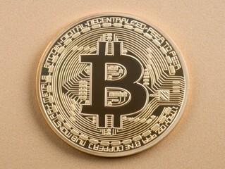 Wall Mural - High-Quality Close-Up of a Bitcoin Cryptocurrency Coin Featuring Iconic Symbol Against a Soft Neutral Background for Financial and Technological Use