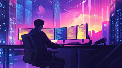 A Programmer Working Late at Night in a Futuristic Cityscape