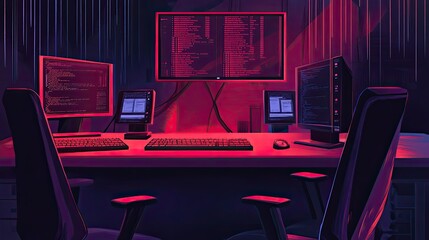 A Hacker's Workstation With Multiple Monitors and Code on Screen