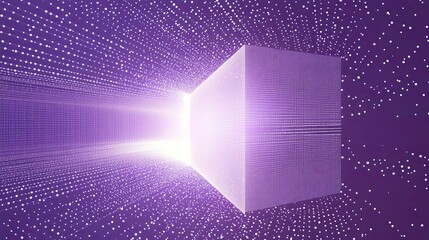 Wall Mural - a 3d cube composed of white dots, glowing with light, surrounded by a purple space with scattered wh