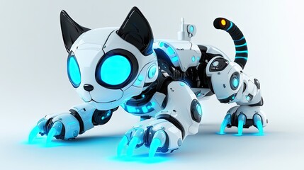 a futuristic white cat-shaped robot with glowing blue eyes and claws