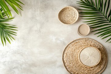 Poster - Woven baskets and light-colored bowls are placed on a soft, textured surface alongside green palm leaves, creating a fresh atmosphere. Generative AI