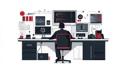 A Hacker Working at a Desk with Multiple Monitors and Code