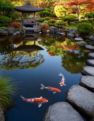 Canvas Print - Serene koi pond in a Japanese garden, reflecting autumn colors.