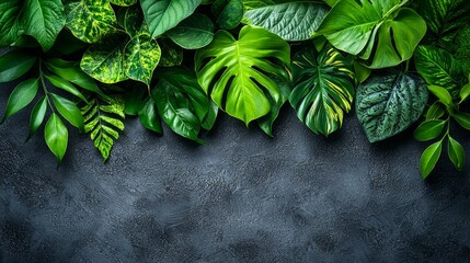 Wall Mural - Lush green leaves arranged against a textured dark background, creating a natural aesthetic.