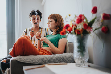 Wall Mural - Two friends enjoy a relaxing moment together on a comfortable sofa, surrounded by vibrant flowers, creating a serene and joyful atmosphere.