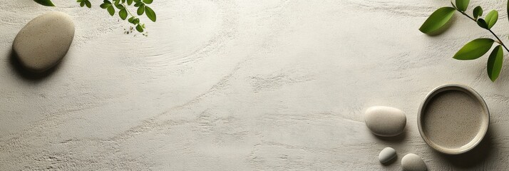 Aufkleber - A serene composition featuring smooth stones and fresh leaves set on a light, textured surface for a peaceful ambiance. Generative AI