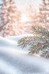 Wall Mural - A tranquil snowy scene showcases a delicate pine tree branch in the foreground, adorned with glistening snowflakes gently falling from a gray sky.
