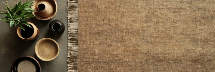Aufkleber - A woven table mat is complemented by decorative bowls and a small plant on a rustic surface, creating a warm atmosphere. Generative AI