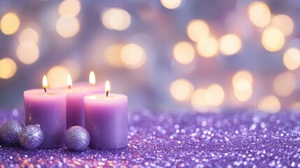 Wall Mural - Three purple candles burn beautifully against a sparkling purple backdrop, enhancing the ambiance of tranquility and elegance