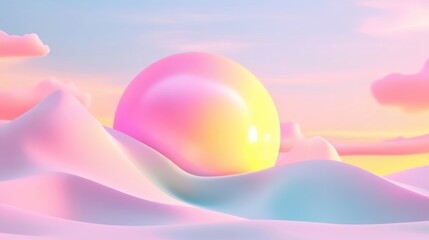 Wall Mural - a surreal pastel landscape featuring a glossy, multicolored sphere resting on smooth, rolling hills 