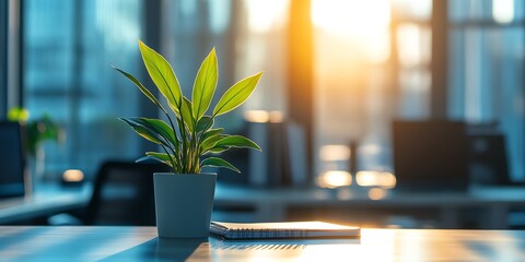Aufkleber - A potted plant on a desk in an office with a window behind it, bathed in the warm glow of the setting sun.