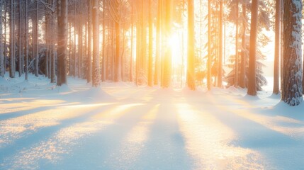 Wall Mural - soft sunlight illuminates a peaceful snow-covered forest, casting gentle shadows on the ground in th
