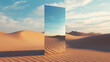 © Thiago - Surreal mirror standing in the middle of a vast desert landscape reflecting the blue sky and sand dunes. Surreal Desert Mirage. Illustration
