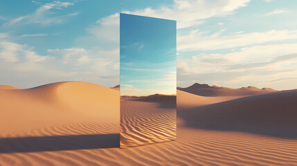 Wall Mural - Surreal mirror standing in the middle of a vast desert landscape reflecting the blue sky and sand dunes. Surreal Desert Mirage. Illustration