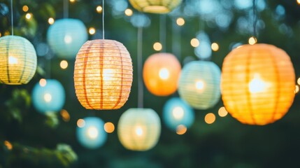 Wall Mural - Colorful hanging lanterns cast a warm glow over a charming outdoor gathering space as twilight sets in, creating a magical atmosphere