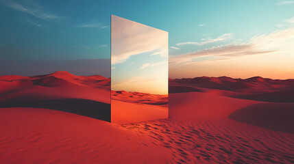 Wall Mural - Mirror in the desert reflecting sand dunes and the sky, blending reality with illusion, surreal visual concept capturing the beauty and mystery of the landscape. Surreal Desert Mirage. Illustration