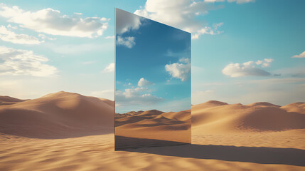 Wall Mural - A captivating scene of a reflective mirror in the middle of a desert landscape, blending with the sky and sandy dunes under a partly cloudy sky. Surreal Desert Mirage. Illustration