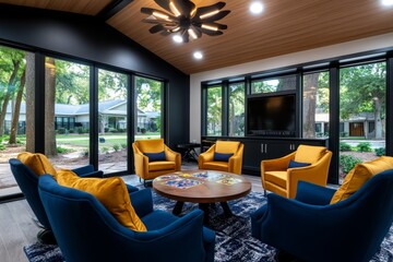 Poster - An upscale activity room in a nursing home filled with cheerful decor, cozy chairs, and large windows for natural light. Friendly caregivers lead residents in group games, creating a joyful