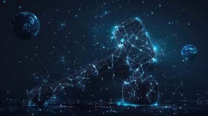 abstract digital art of a hammer with glowing lines against a dark starry background.