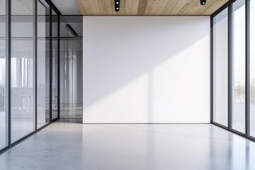 Wall Mural - A bright, modern office space with large windows, wooden ceiling beams, and a white wall.