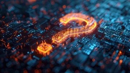 A glowing question mark sits on a circuit board, representing a question of digital technology or data security.