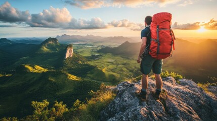 Wall Mural - a hiker with a large backpack standing on a mountain ridge at sunrise, gazing over a breathtaking va