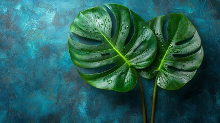 Wall Mural - Two large green monstera leaves on a textured blue background.