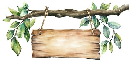 Watercolor Wooden Sign Hanging From Branch