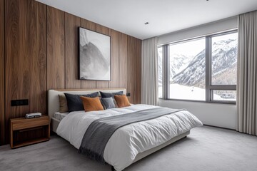 Wall Mural - Modern bedroom with a large window overlooking a snowy mountain landscape.