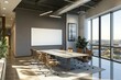 © adri - Modern conference room with large windows, a long table, and chairs.  There's a blank whiteboard on the wall.  The room has a sleek design, with a concrete floor and a modern light fixture.