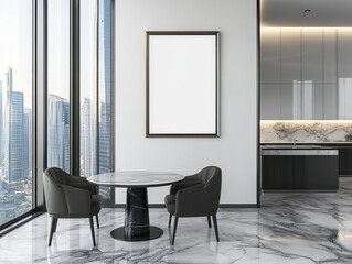 A modern dining area with a round table and two chairs, a blank frame on the wall, and a city view.