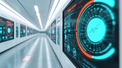 Futuristic Digital Corridor Data Analytics Tech Screens Network Interface