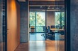 © adri - A modern office hallway with a glass door leading to a meeting room with a large window overlooking a green landscape.